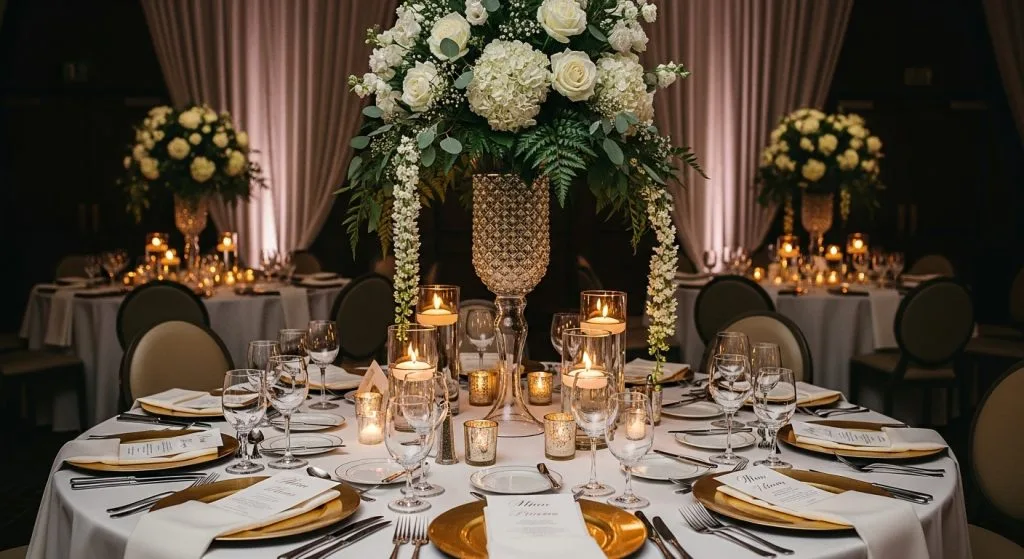 A tall centerpiece with white roses and candles on an elegant wedding table.
