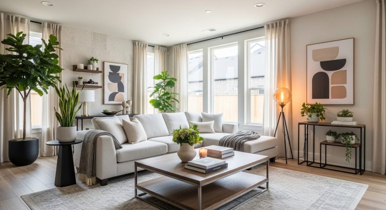 Beautiful modern home interior with warm lighting, indoor plants, stylish wall art, and cozy decor elements for fresh house ideas