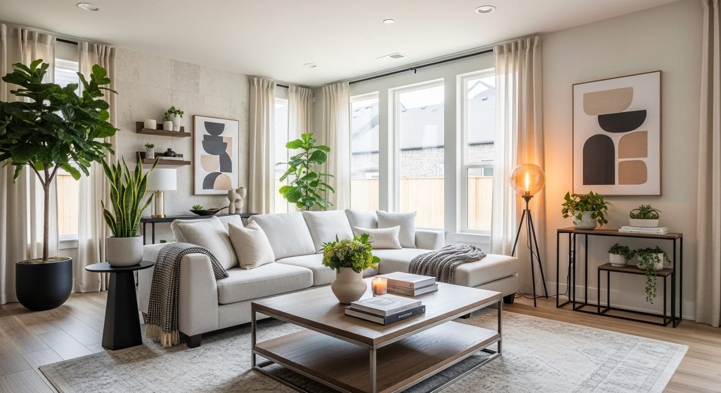 Beautiful modern home interior with warm lighting, indoor plants, stylish wall art, and cozy decor elements for fresh house ideas