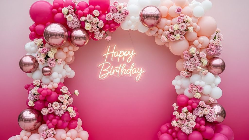 Pink ombre balloon and flower backdrop with a neon birthday sign.