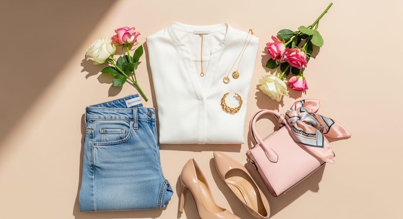 Flat-lay of a chic white blouse, jeans, gold jewelry, nude heels, and a pastel handbag arranged beautifully on a beige background for a stylish outfit feature image.”