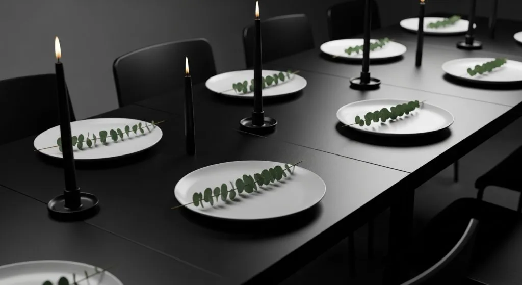 Sleek black table with crisp white plates, single eucalyptus stems, black candles. Dramatic yet simple.