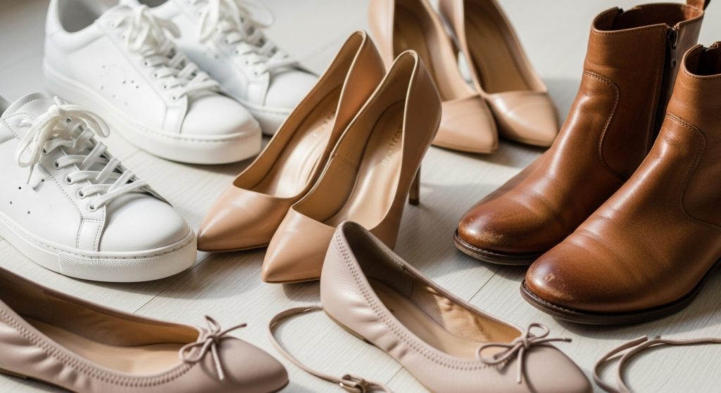 The Ultimate Guide to Outfits: How to Build Stylish Looks for Every Day 12 Essential women’s shoes in a minimal layout.