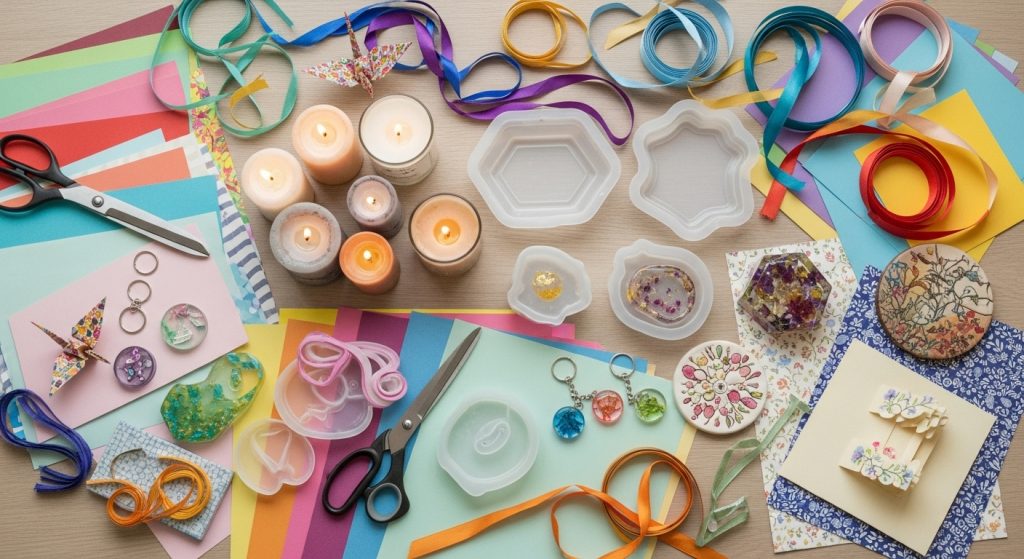 DIY Mastery: Creative, Easy & Affordable Projects for Every Home 5 Creative DIY craft supplies including resin molds, candles, and colorful paper.