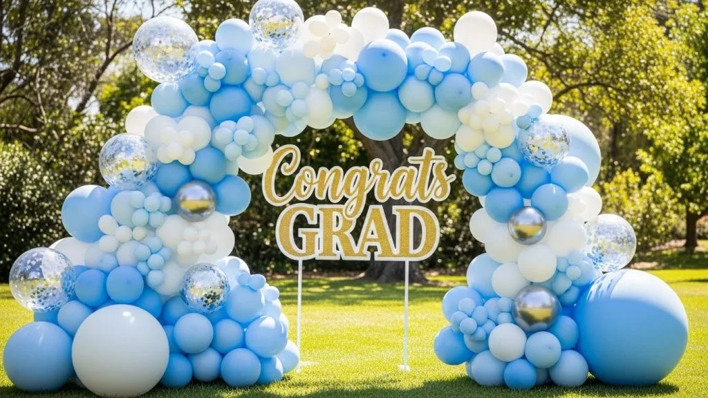 DIY Celebration Decor Crafts That Make Every Party Magical 13 : Large pastel balloon arch placed around a graduation sign.
