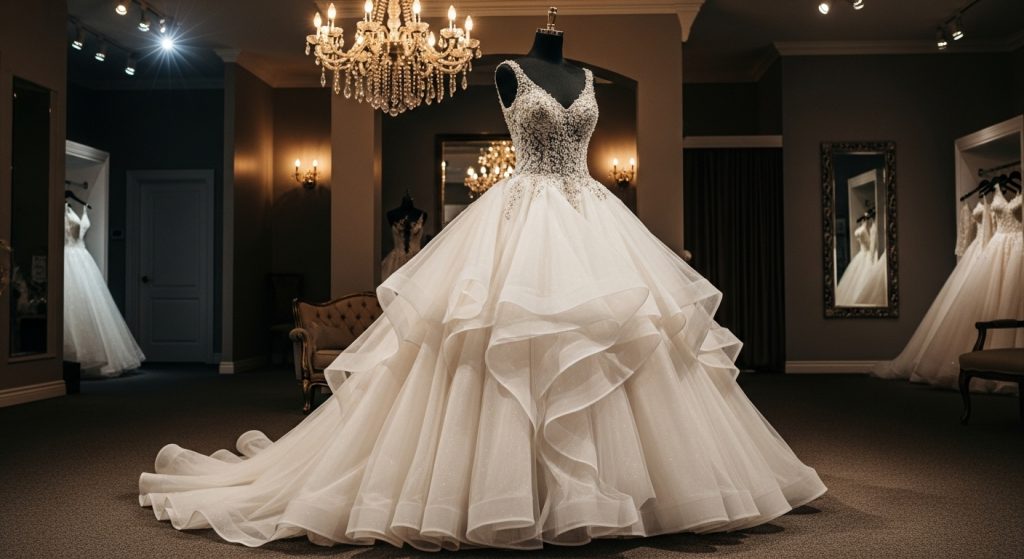 Fairytale princess-style ball gown wedding dress with crystal details.