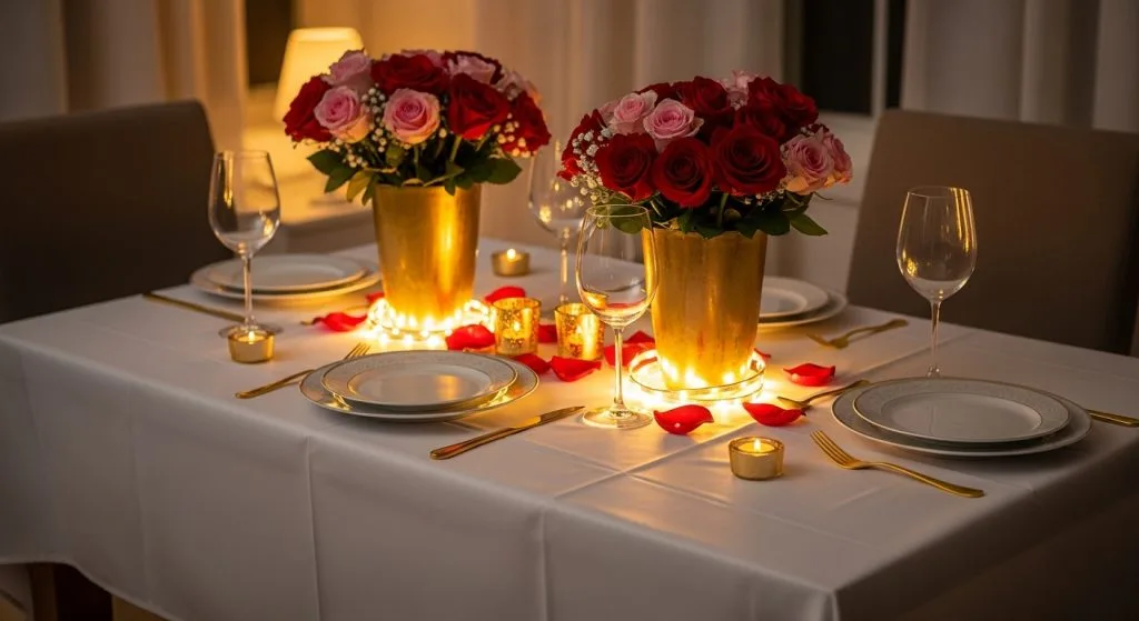  Elegant yet simple table with dollar-store cloth, gold-painted vases filled with roses, warm LED glow. Looks expensive.