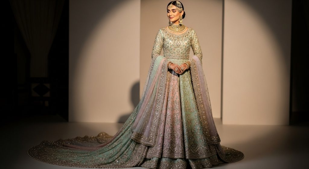 Pastel Pakistani bridal gown with intricate embellishments and long flowing trail.