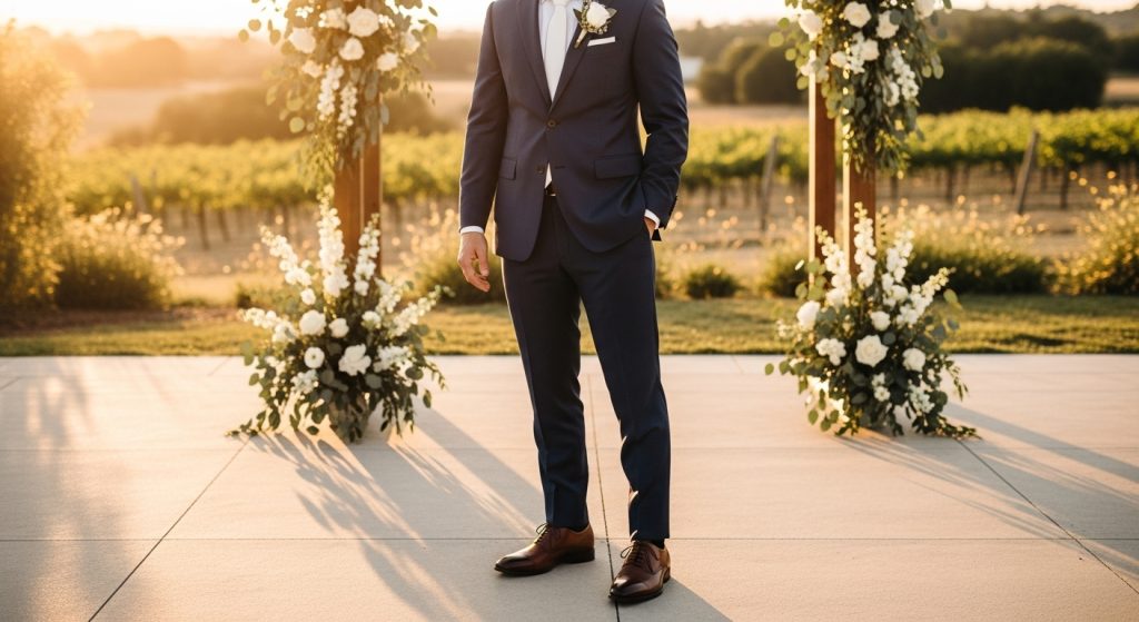 Groom wearing a navy classic suit during sunset at an outdoor wedding.