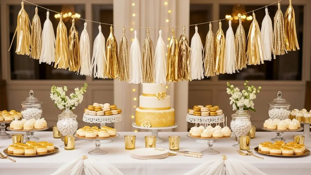 DIY Celebration Decor Crafts That Make Every Party Magical 9 Gold and white tassel garland displayed above a decorated dessert table.