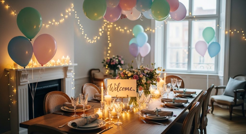 Soft pastel party decor with balloons and warm lighting