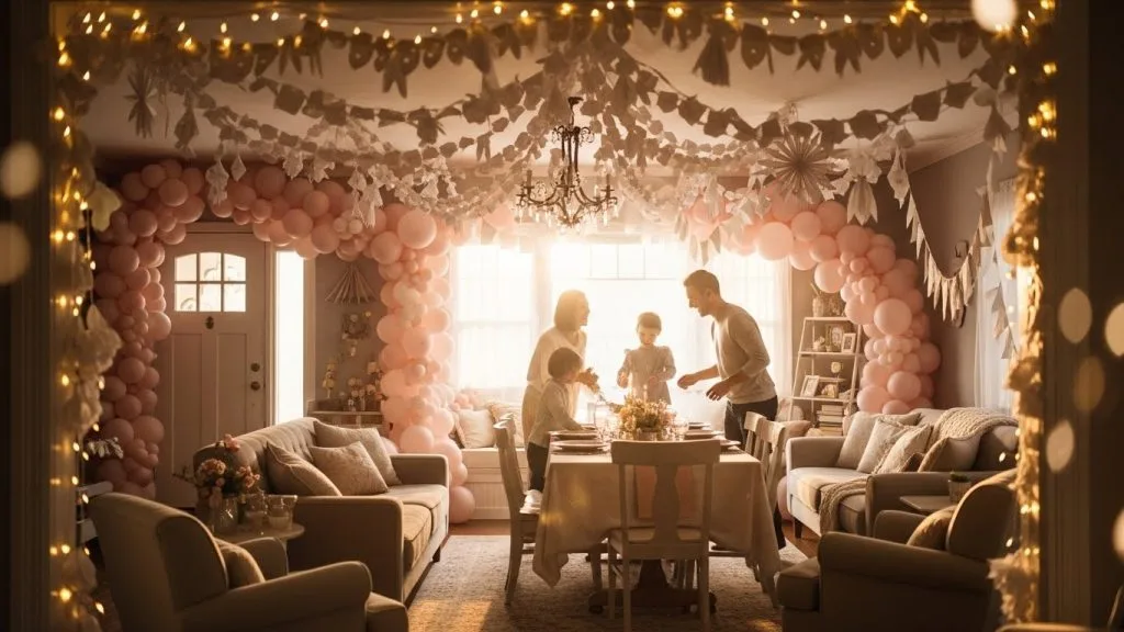 DIY Celebration Decor Crafts That Make Every Party Magical 2 A cozy living room decorated with handmade garlands, balloons, and fairy lights during golden hour.