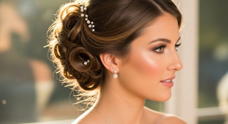 A bridal model with an elegant twisted updo adorned with delicate pearl pins, soft makeup, and subtle jewelry. The background is softly blurred with warm natural lighting, highlighting the hairstyle’s texture and volume.