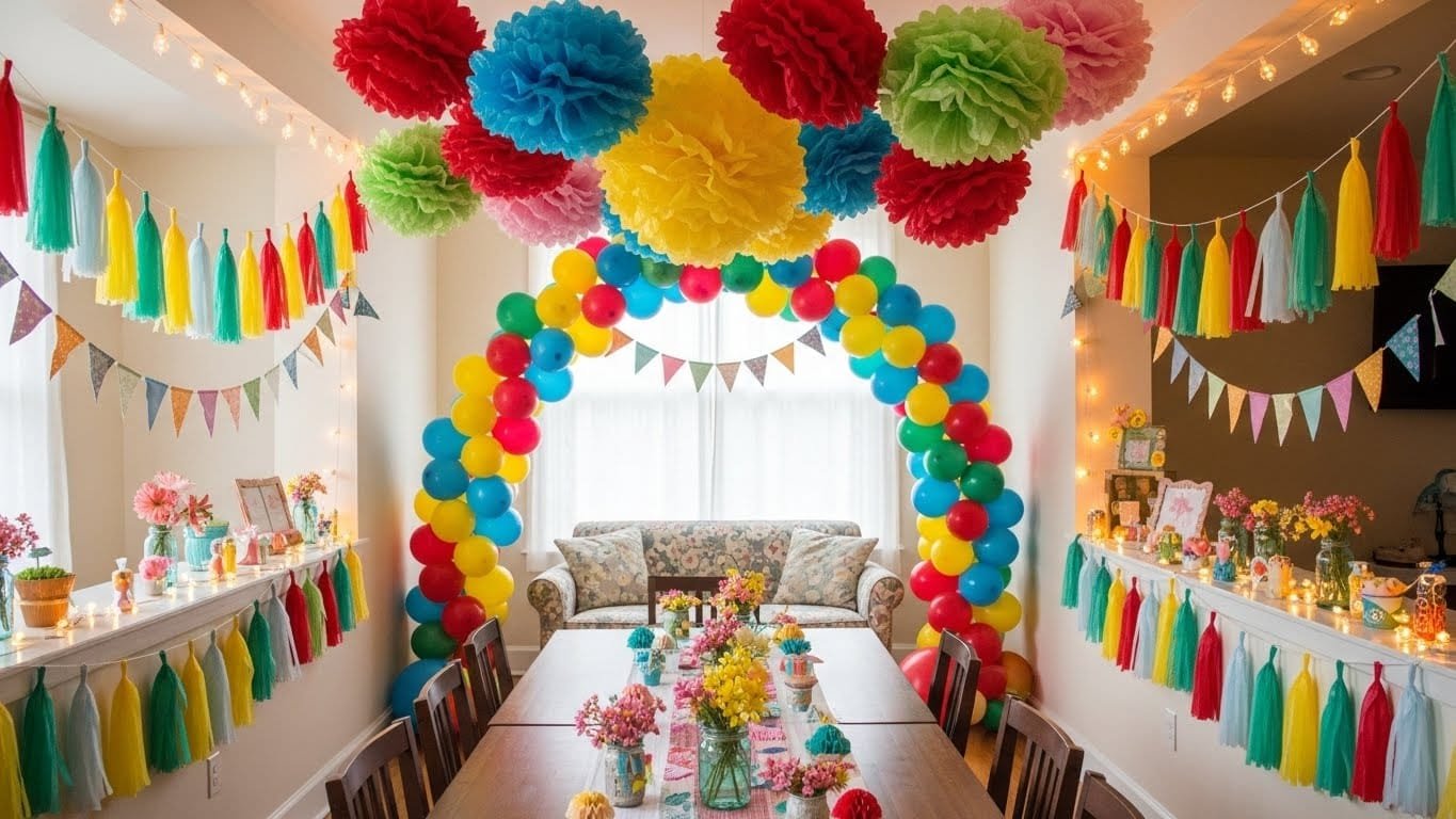 Handmade DIY celebration decor including paper pom-poms, balloon arches, fairy lights, and colorful tassel garlands beautifully arranged in a warm, festive party setting.