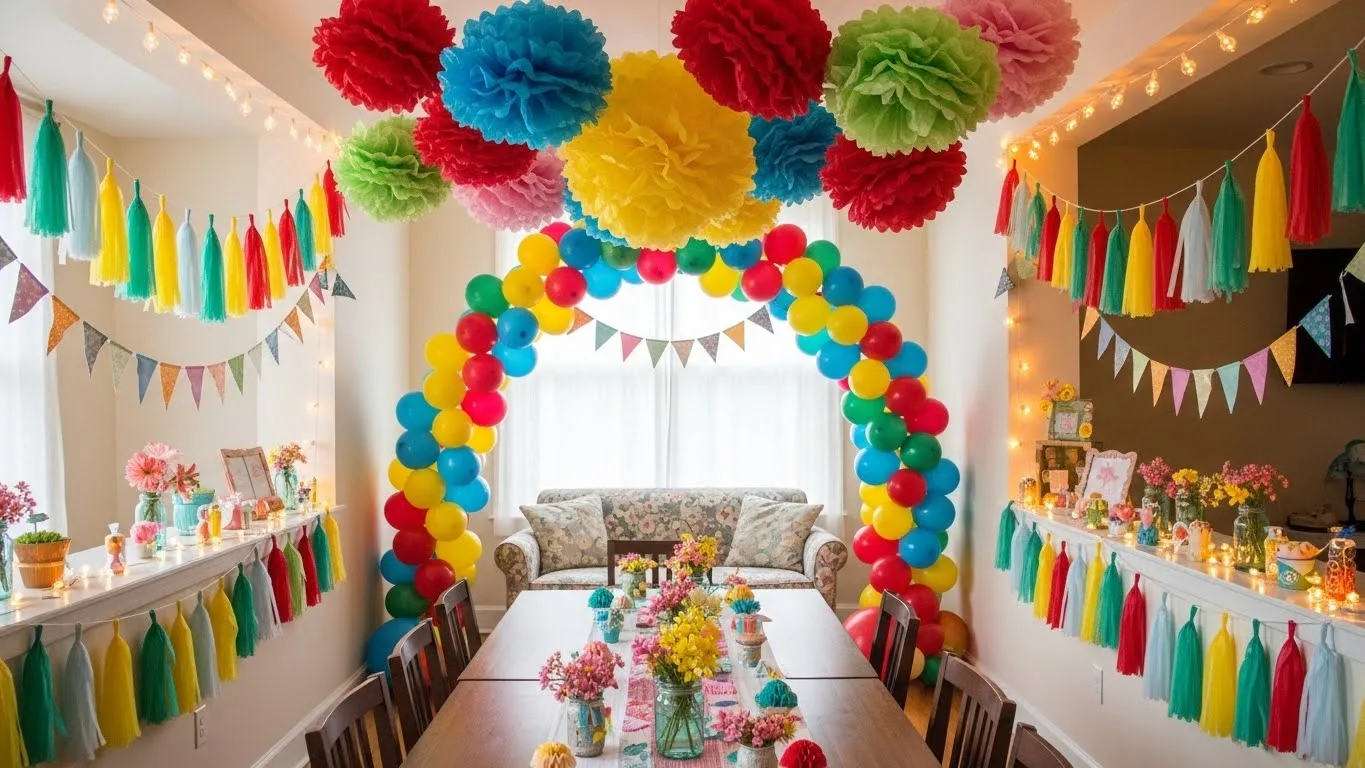 Handmade DIY celebration decor including paper pom-poms, balloon arches, fairy lights, and colorful tassel garlands beautifully arranged in a warm, festive party setting.