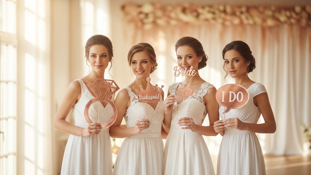 Elegant bridal party in white dresses holding rose-gold printable props – diamond rings, “Bride” crowns, and “I Do” speech bubbles – soft natural light, luxury wedding vibe