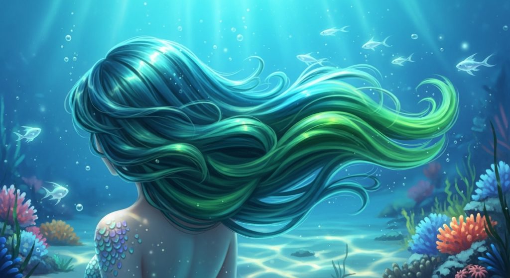 
Wavy mermaid-style hair in teal and green shades floating in an underwater glow.