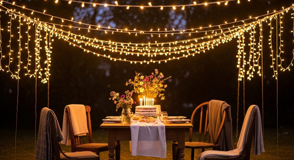 Birthday decor enhanced with soft golden lighting