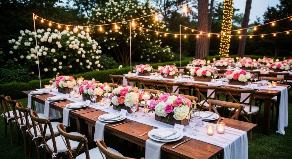 Outdoor garden party decor with lights and wooden elements.