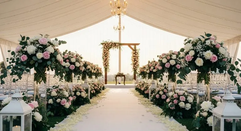 A beautifully decorated wedding scene featuring elegant floral arrangements, including roses, peonies, and greenery, with a romantic aisle and soft ambient lighting.