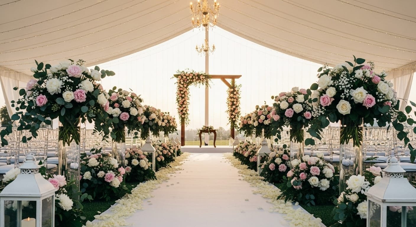 A beautifully decorated wedding scene featuring elegant floral arrangements, including roses, peonies, and greenery, with a romantic aisle and soft ambient lighting.