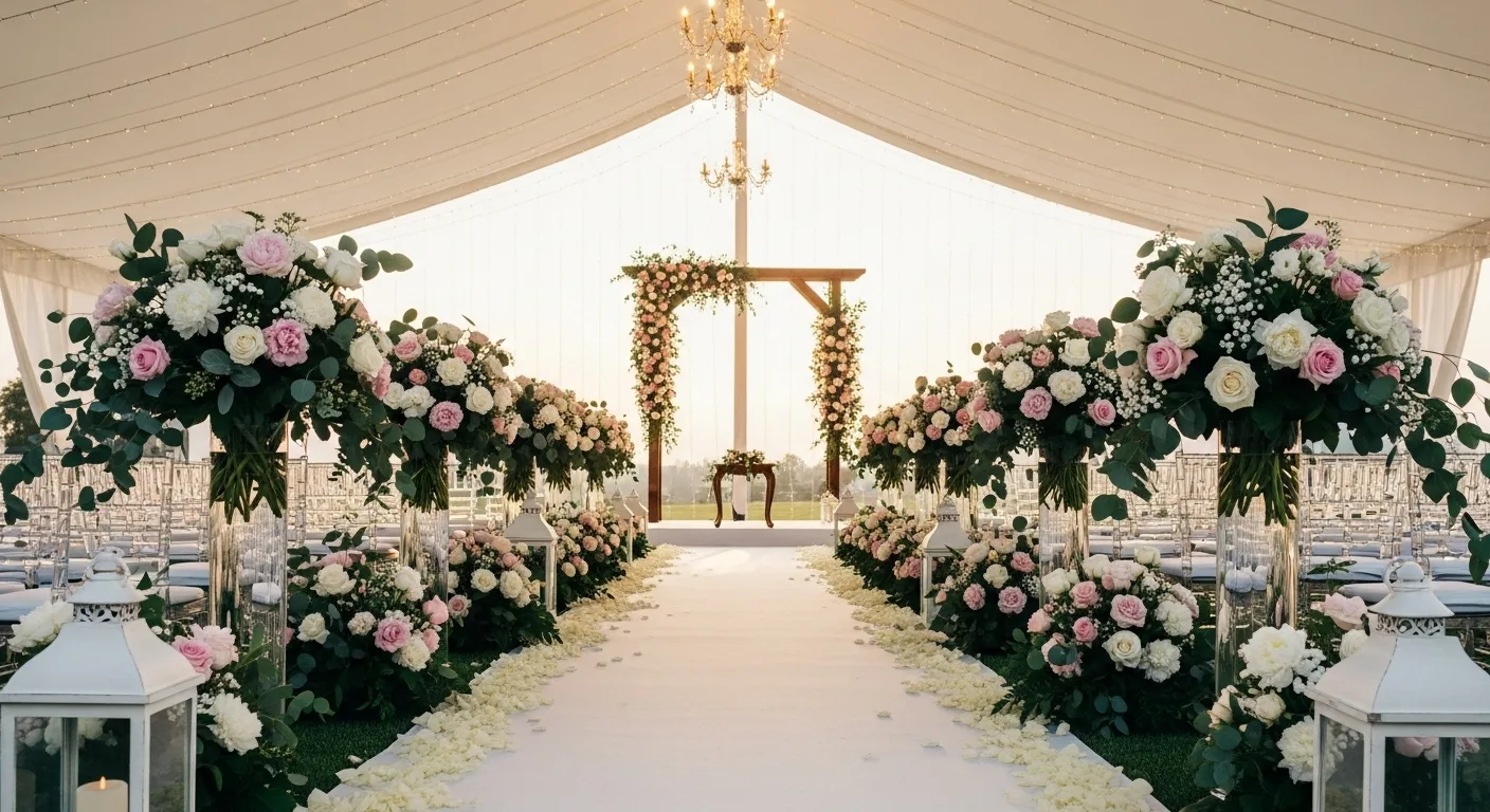 A beautifully decorated wedding scene featuring elegant floral arrangements, including roses, peonies, and greenery, with a romantic aisle and soft ambient lighting.