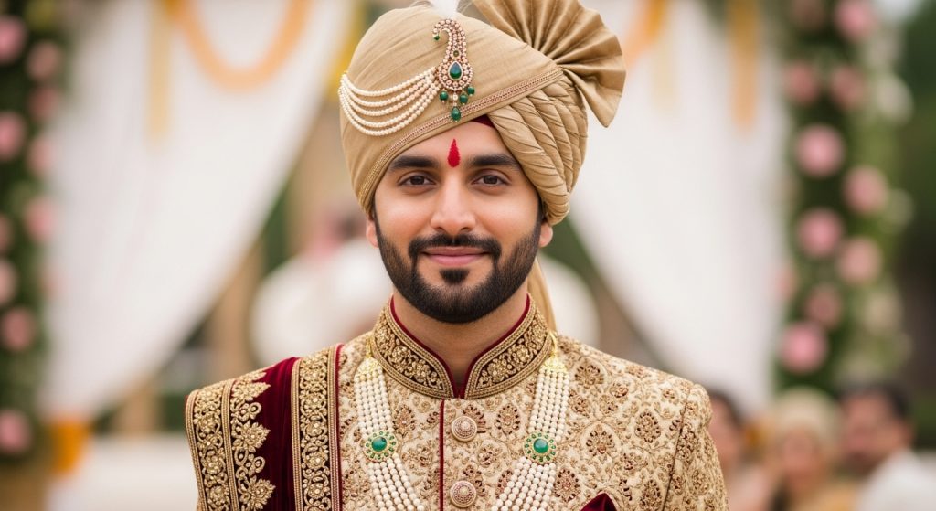 Groom Suits: Timeless Styles That Define Wedding Elegance 12 Groom in an embroidered sherwani at a wedding venue.