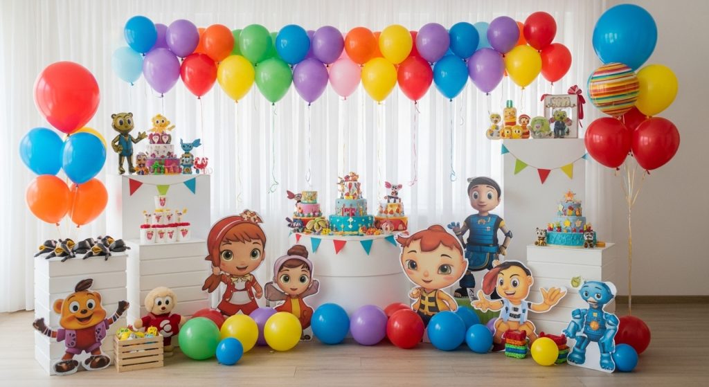 Colorful kids party decor with playful elements.
