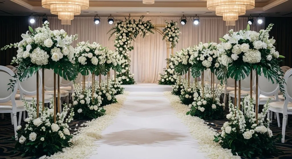 A wedding aisle decorated with white petals and floral arrangements on gold stands.