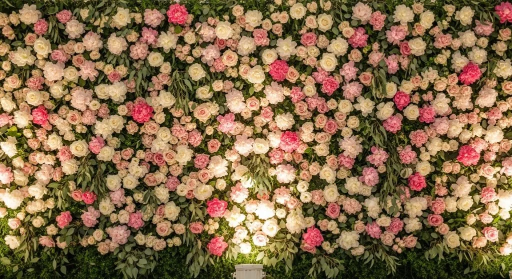 A floral wall featuring roses and peonies used as a wedding photo backdrop.