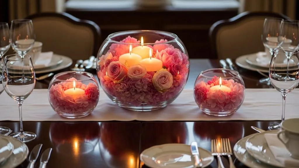 DIY Celebration Decor Crafts That Make Every Party Magical 10 Floating candles and pink flowers inside glass bowls on a decorated table.