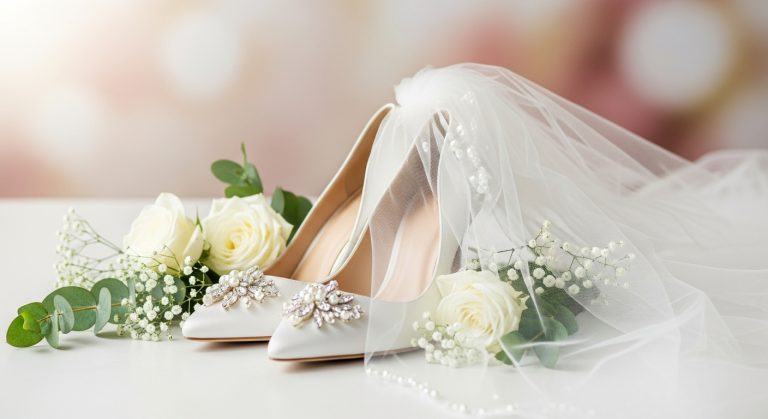 Elegant white wedding heels with pearl and crystal embellishments placed beside a bridal veil and fresh flowers on a soft romantic background.