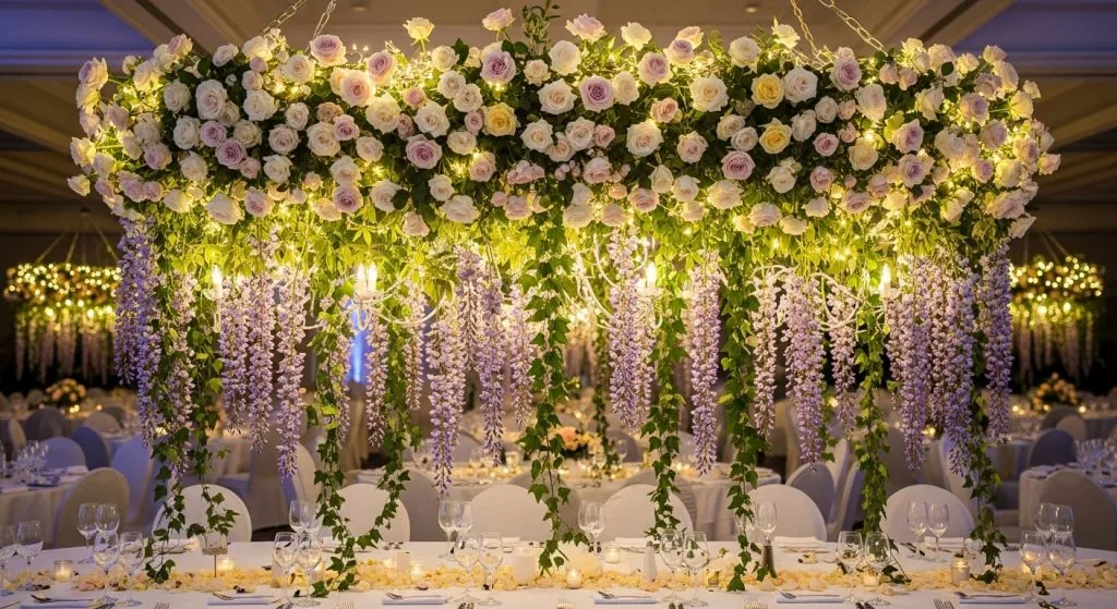 A hanging floral chandelier made of roses and wisteria glowing above reception tables.