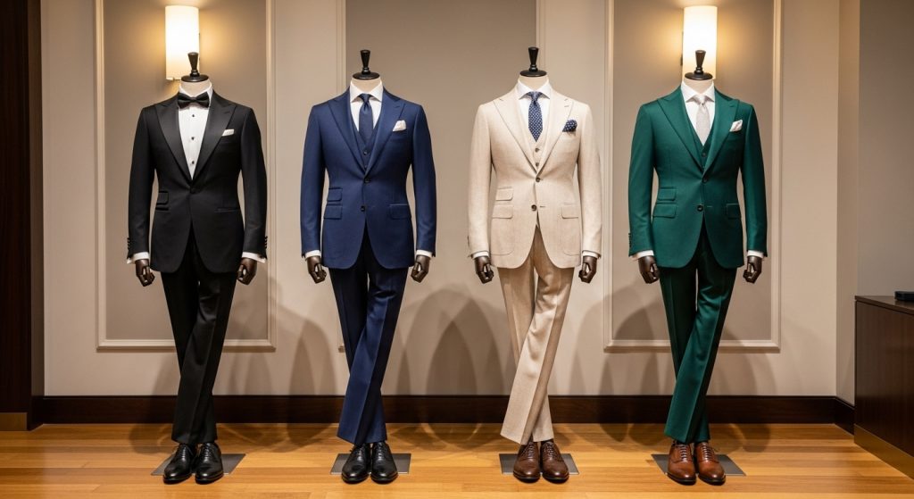 Groom Suits: Timeless Styles That Define Wedding Elegance 3 Four groom suits in different colors displayed on mannequins.