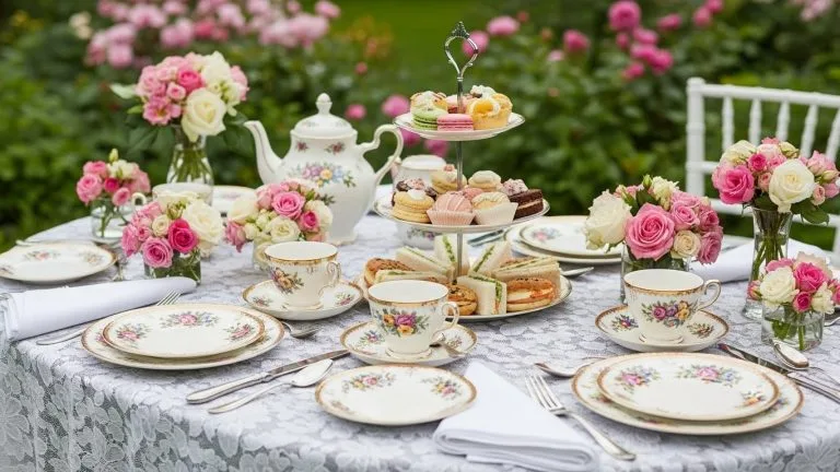 “Elegant tea party table setup with vintage teacups, floral china, pastel pastries, lace tablecloth, fresh roses, and tiered dessert stand arranged in a cozy garden setting for a classic themed tea party.”