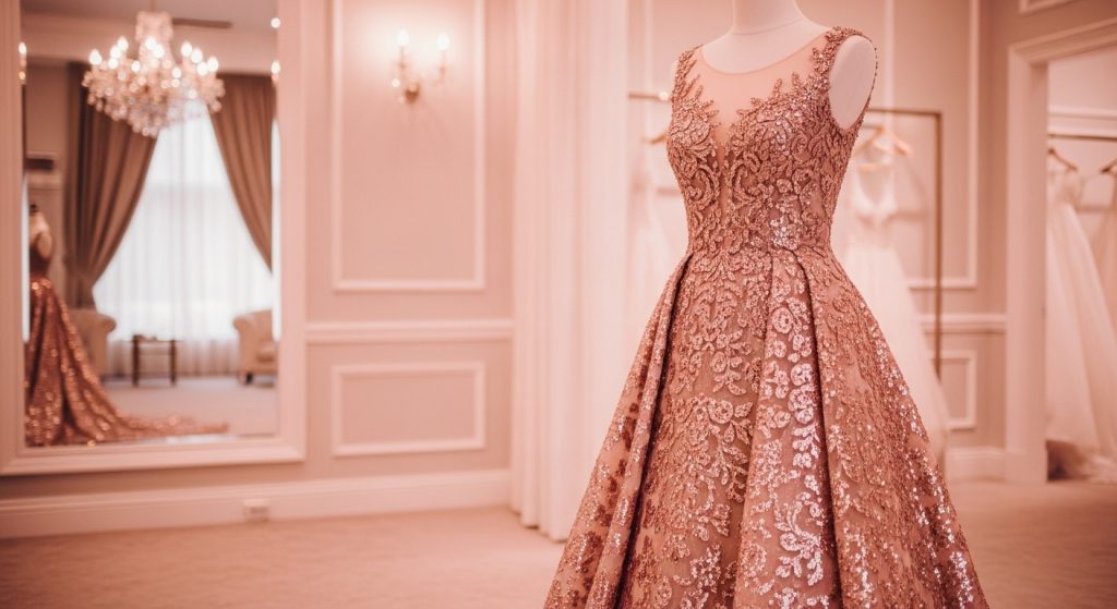  Rose gold sequin bridal wedding dress on a mannequin.