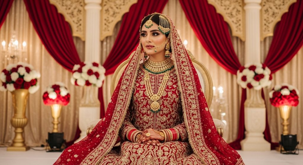 Pakistani bridal wedding dress in red and gold with intricate embroidery.