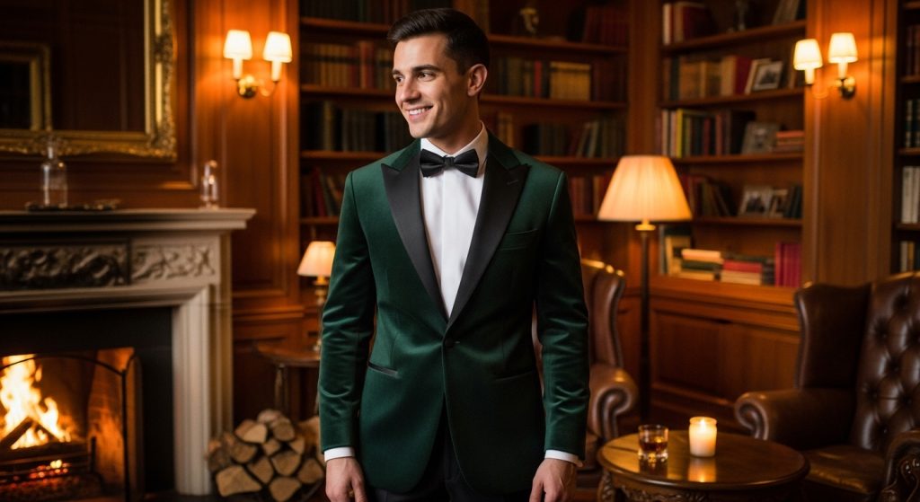 Groom in a velvet winter tuxedo with warm indoor lights.