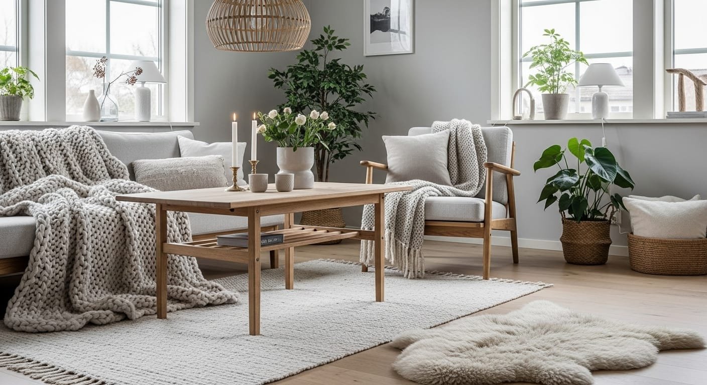 Modern living room with minimal neutral decor, indoor plants, abstract art, and cozy accessories.