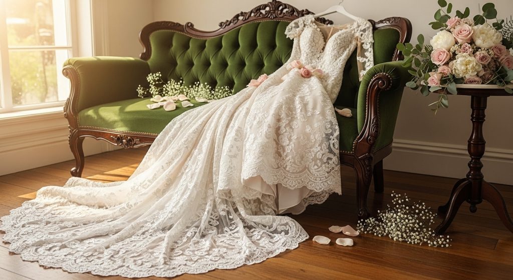 : Elegant lace wedding dress with floral embroidery displayed on a vintage chair.