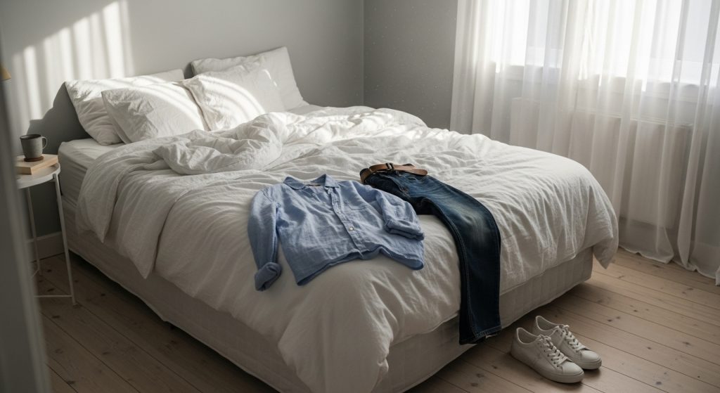 The Ultimate Guide to Outfits: How to Build Stylish Looks for Every Day 1 Cozy bedroom with outfits laid out for the day.