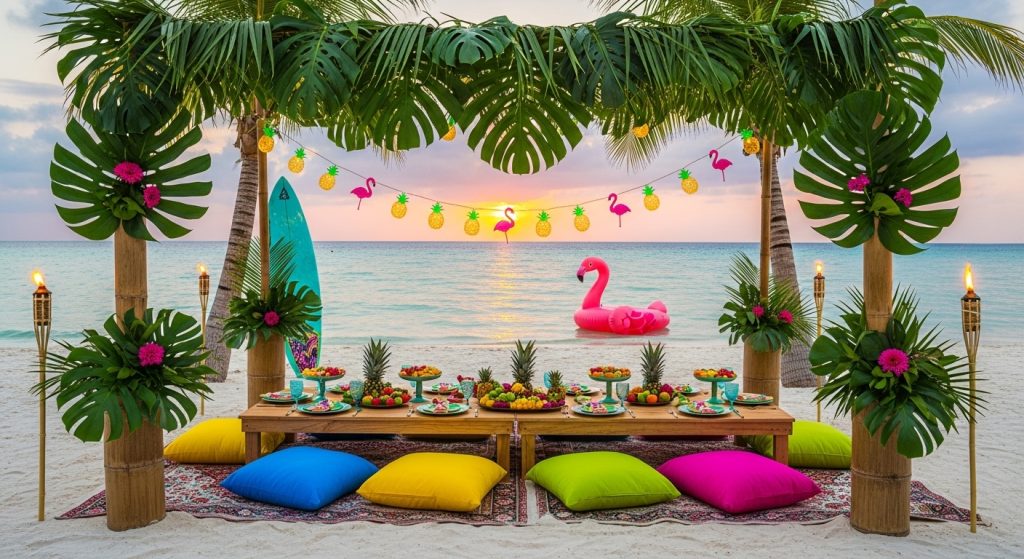  Tropical themed party decor with colorful elements.