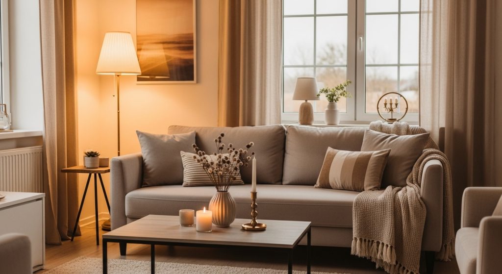Soft modern living room highlighting warm neutral decor