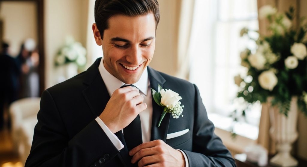 Groom Suits: Timeless Styles That Define Wedding Elegance 14 : Groom adjusting his tie with confidence before the wedding.