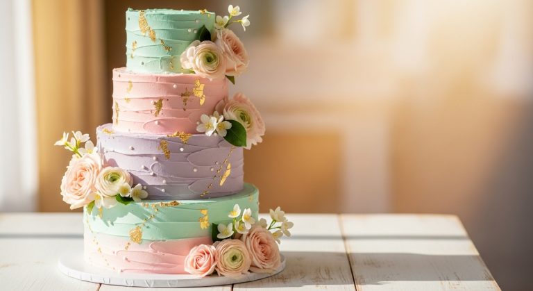 Pastel celebration cake decorated with edible flowers and gold accents on a rustic table.”