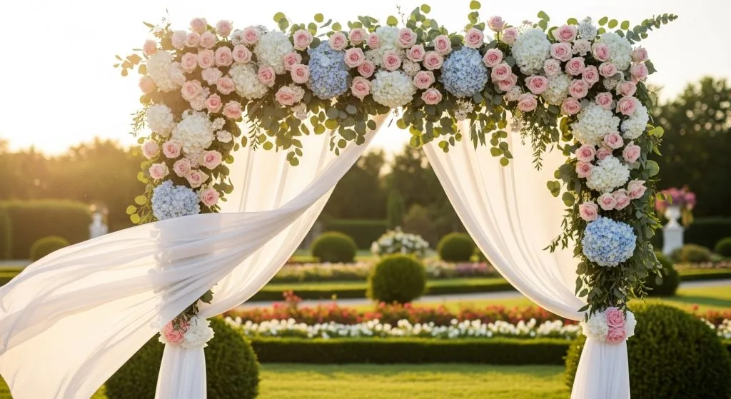 A floral wedding arch decorated with roses and hydrangeas in a garden setting.