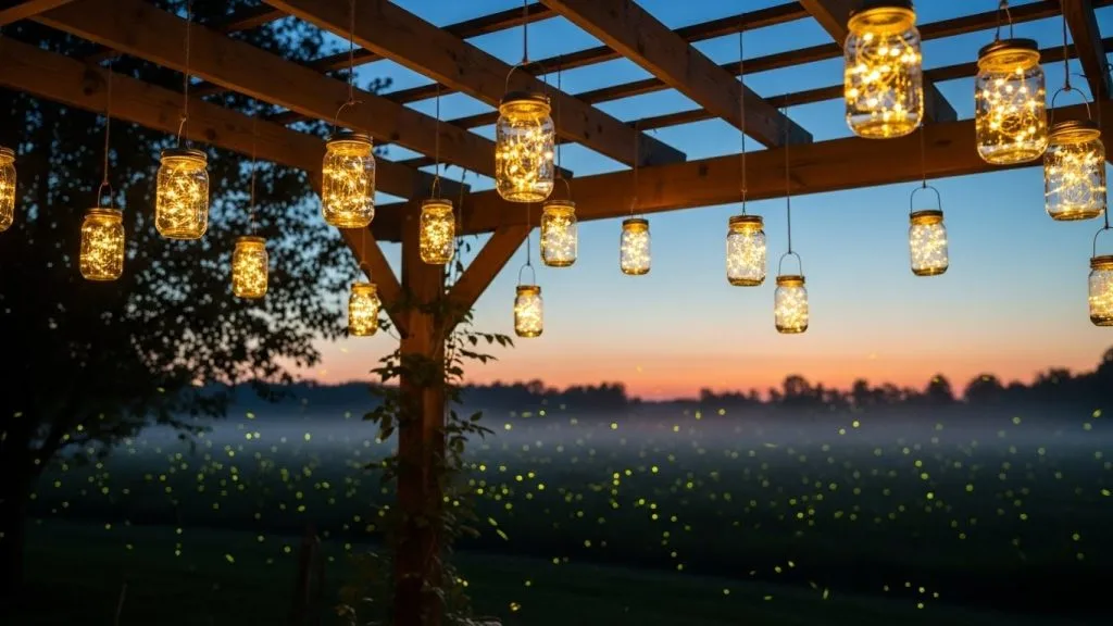 DIY Celebration Decor Crafts That Make Every Party Magical 6 Mason jars with candles hanging outdoors, glowing softly at twilight.