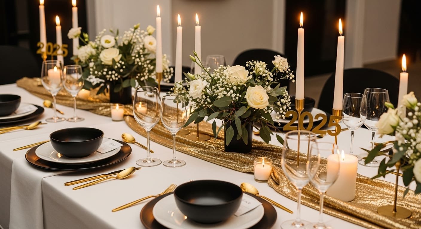 Elegant 2025 celebration table setup with stylish décor, modern tableware, candles, and floral accents arranged in a gorgeous party layout.