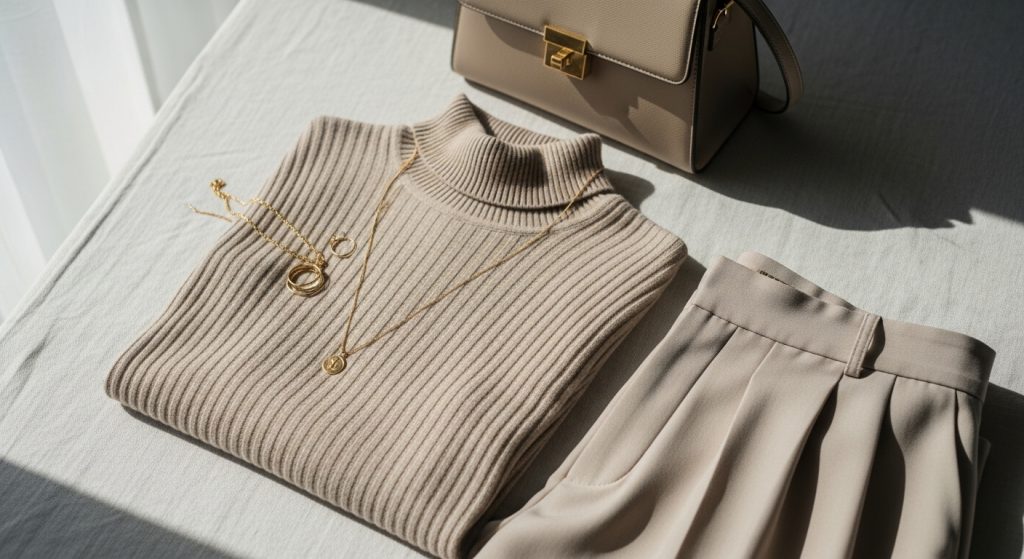 The Ultimate Guide to Outfits: How to Build Stylish Looks for Every Day 3 Minimal beige flatlay showcasing chic minimalist outfit with turtleneck, trousers, and gold accessories.