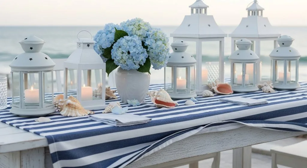 Breezy coastal table with navy stripes, white lanterns, scattered seashells, and soft blue hydrangeas.